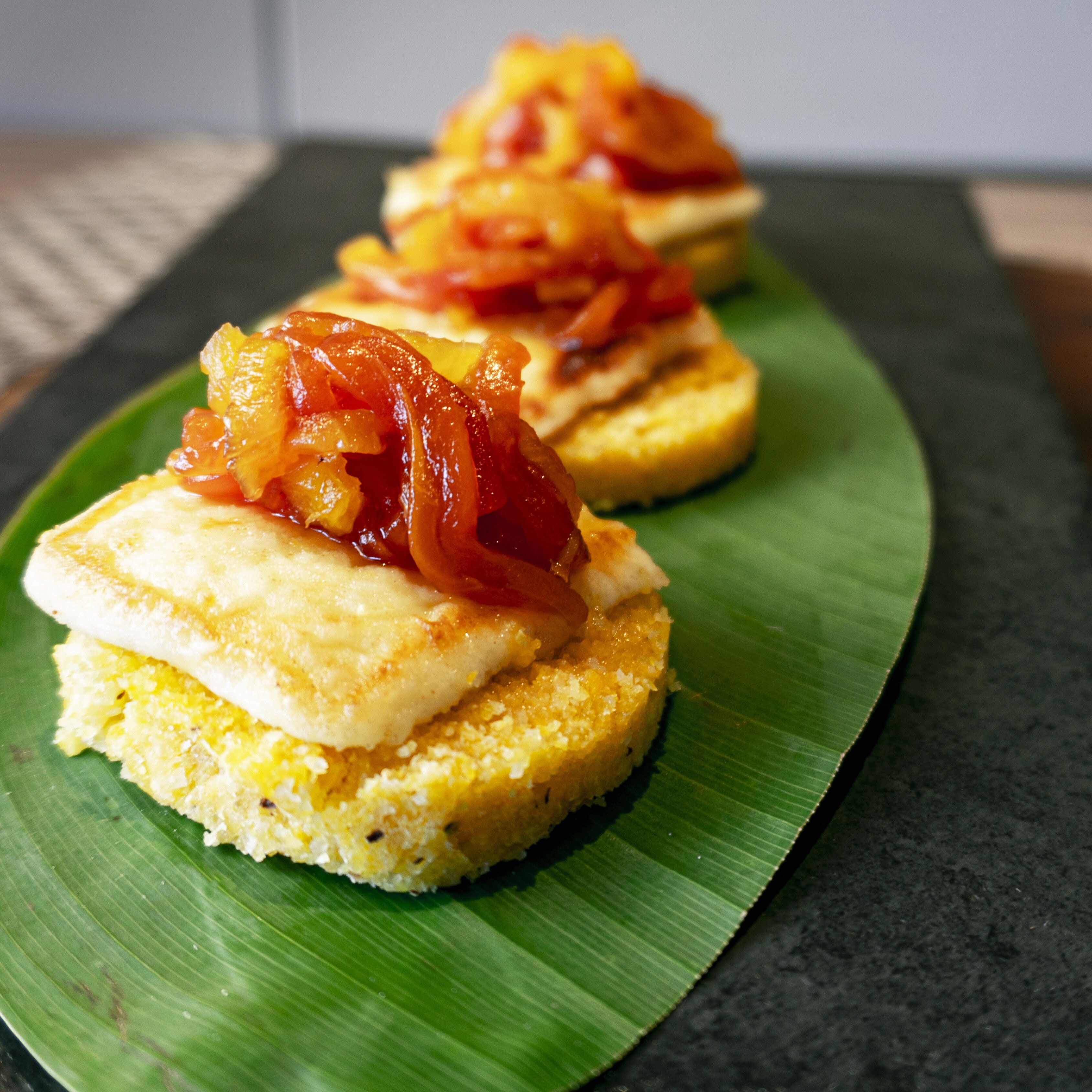 A dessert on a banana leaf.