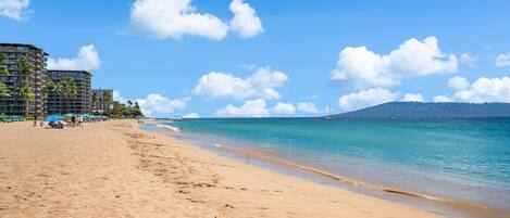 En la playa, sillas reclinables de playa, toallas de playa