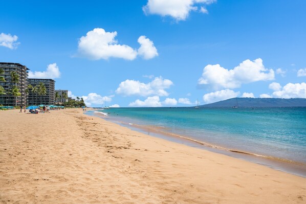 On the beach, sun-loungers, beach towels