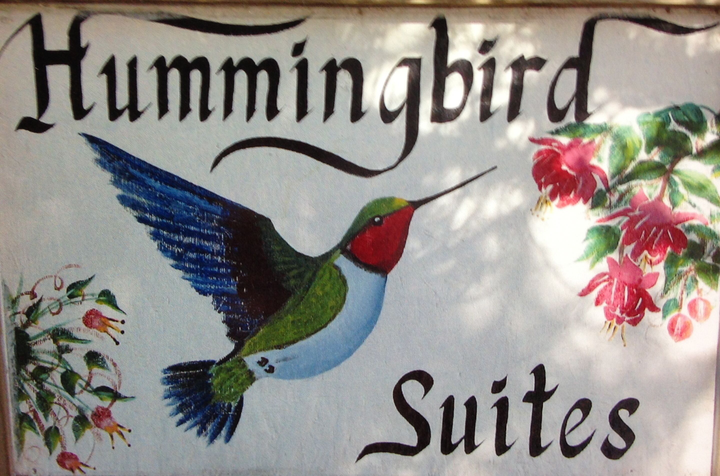 Ein Schild mit einem Kolibri und floralen Verzierungen, beschriftet mit 'Hummingbird Suites'.