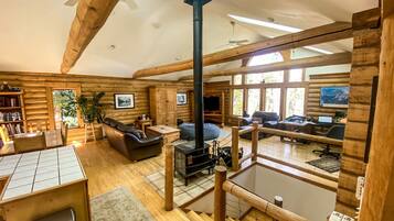 TV connectée, cheminée, lecteur de DVD, livres