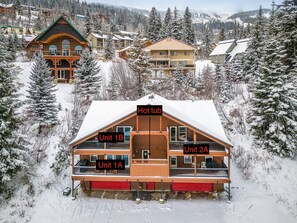 Un chalet à plusieurs étages doté d’un bain à remous, identifié comme étant l’unité 1B, ainsi que deux autres unités, l’unité 1A et l’unité 2A, le tout entouré d’arbres couverts de neige et d’autres bâtiments.
