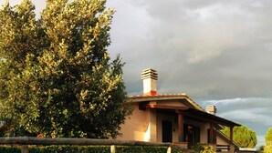 Une maison avec un toit en pente et une cheminée, entourée d’une végétation luxuriante et avec une montagne en arrière-plan.