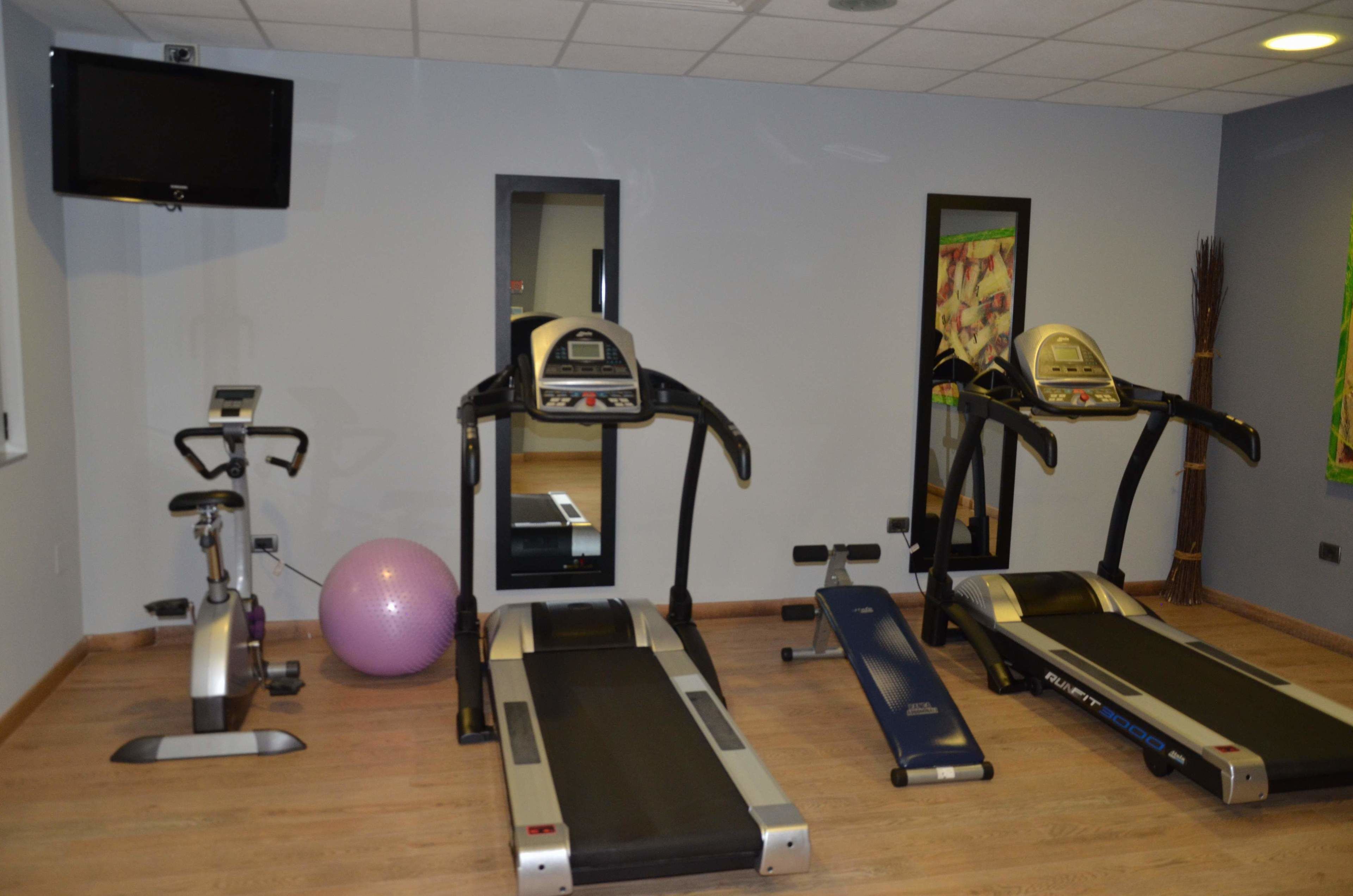 Une salle de sport équipée de tapis de course, d’un vélo elliptique, d’un vélo d’appartement et d’un ballon de yoga.