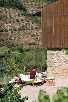 Un patio con sillones de descanso y un muro de piedra, con vistas a un viñedo y un terreno montañoso.