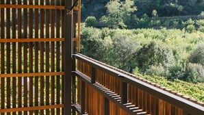 A wooden balcony with a view of a forested area. - Quinta de Recião (Lamego)