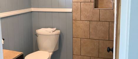 A bathroom with a toilet, shower, and a small window.