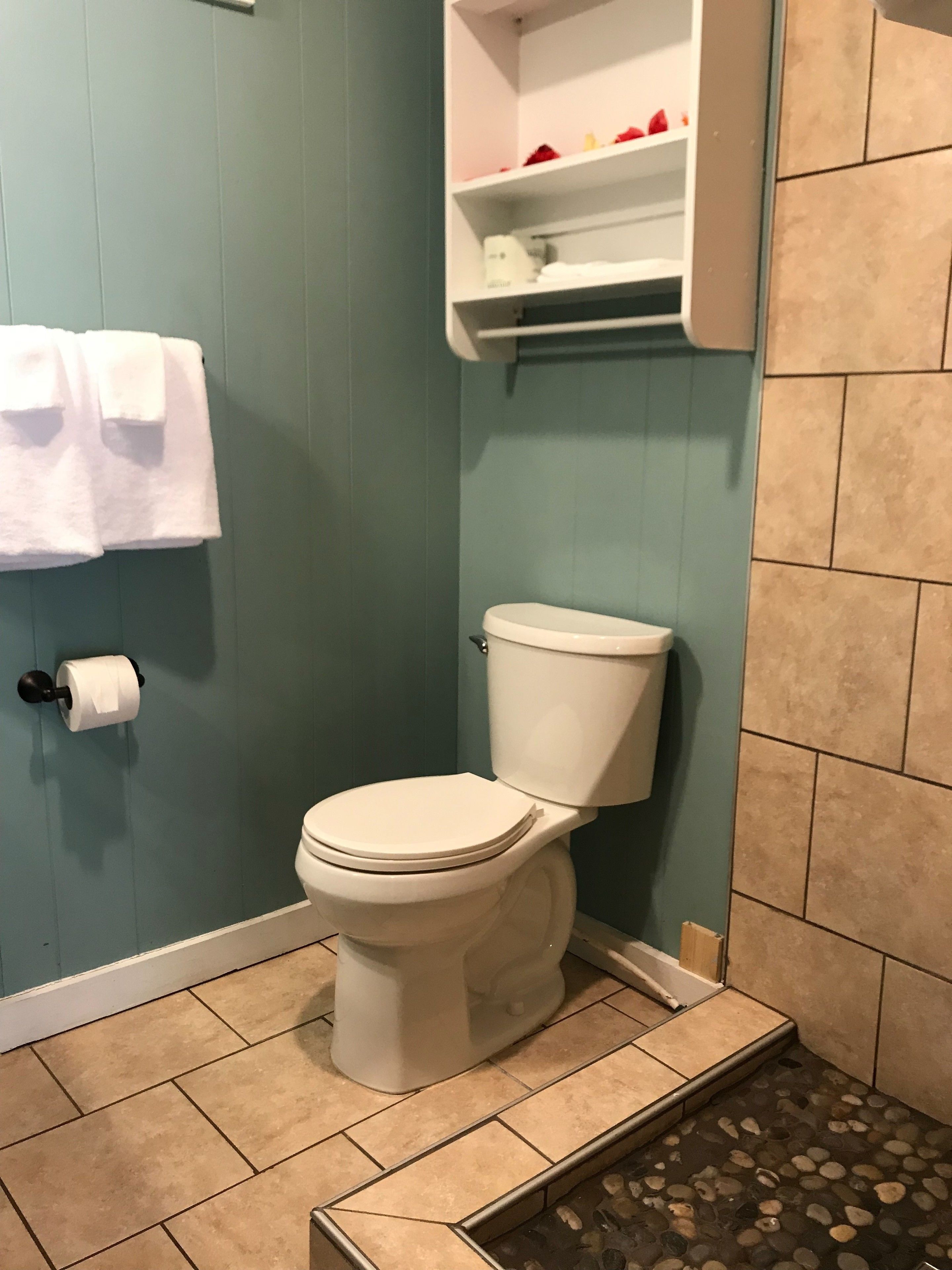 Un baño con un inodoro, un rollo de papel higiénico y una repisa con artículos de aseo.