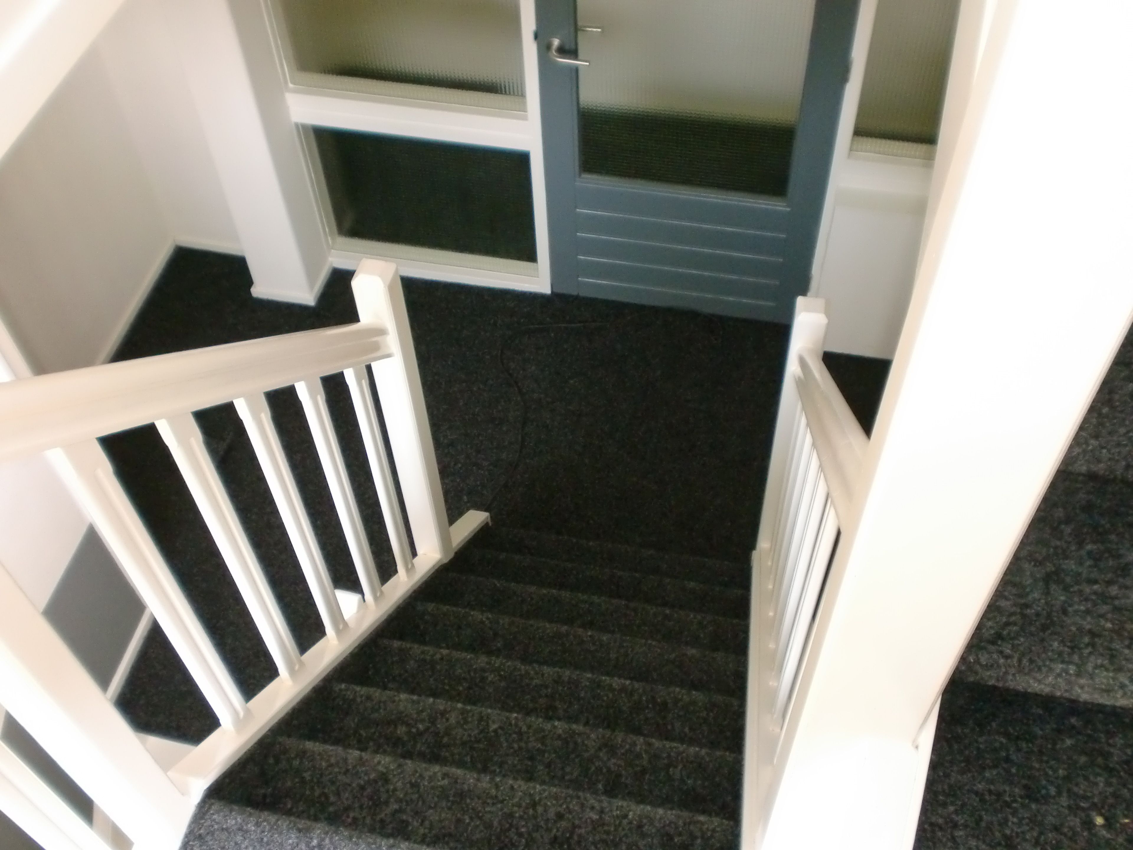 Eine Treppe mit weißen Geländern führt zu einem Raum mit dunklem Teppichboden.