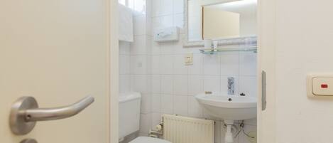 A bathroom with a toilet, sink, and mirror.