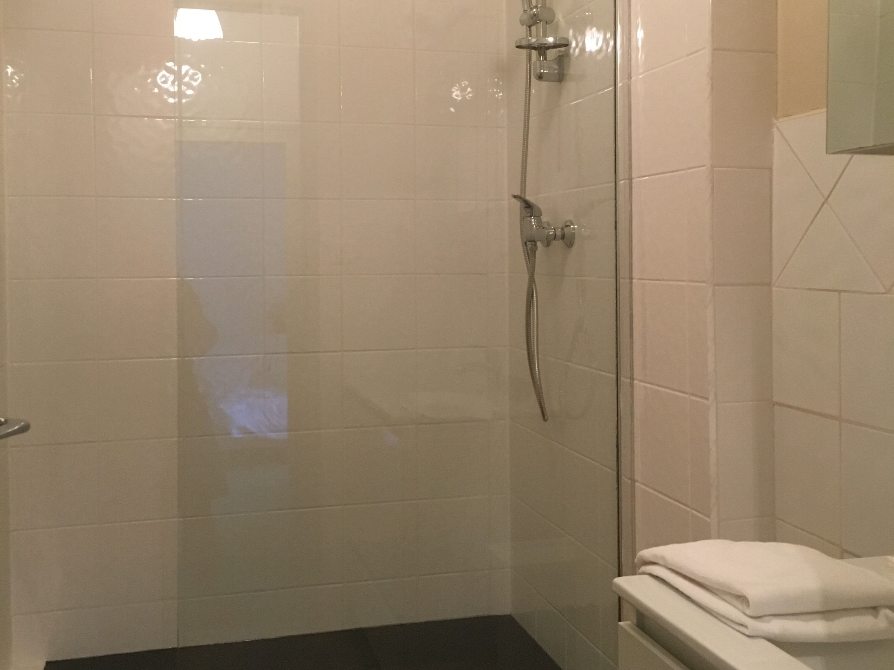 Ducha con cerramiento de vidrio, cabezal de ducha de mano y grifo empotrado.