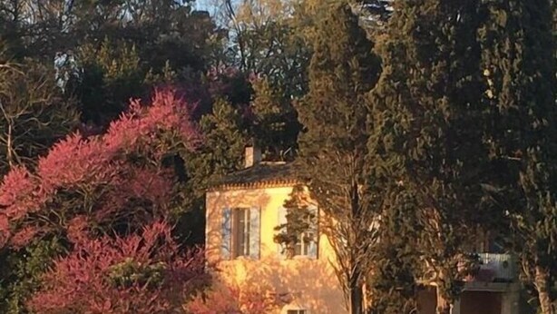 A small, rustic house with a stone facade, surrounded by a well-maintained lawn and trees with autumn foliage. - Gîtes Pech-céleyran (Salles-d'Aude)