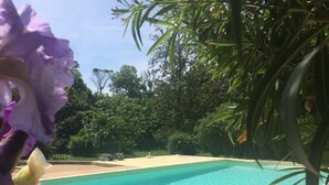 A clear blue pool surrounded by lush greenery and a fence. - Gîtes Pech-céleyran (Salles-d'Aude)