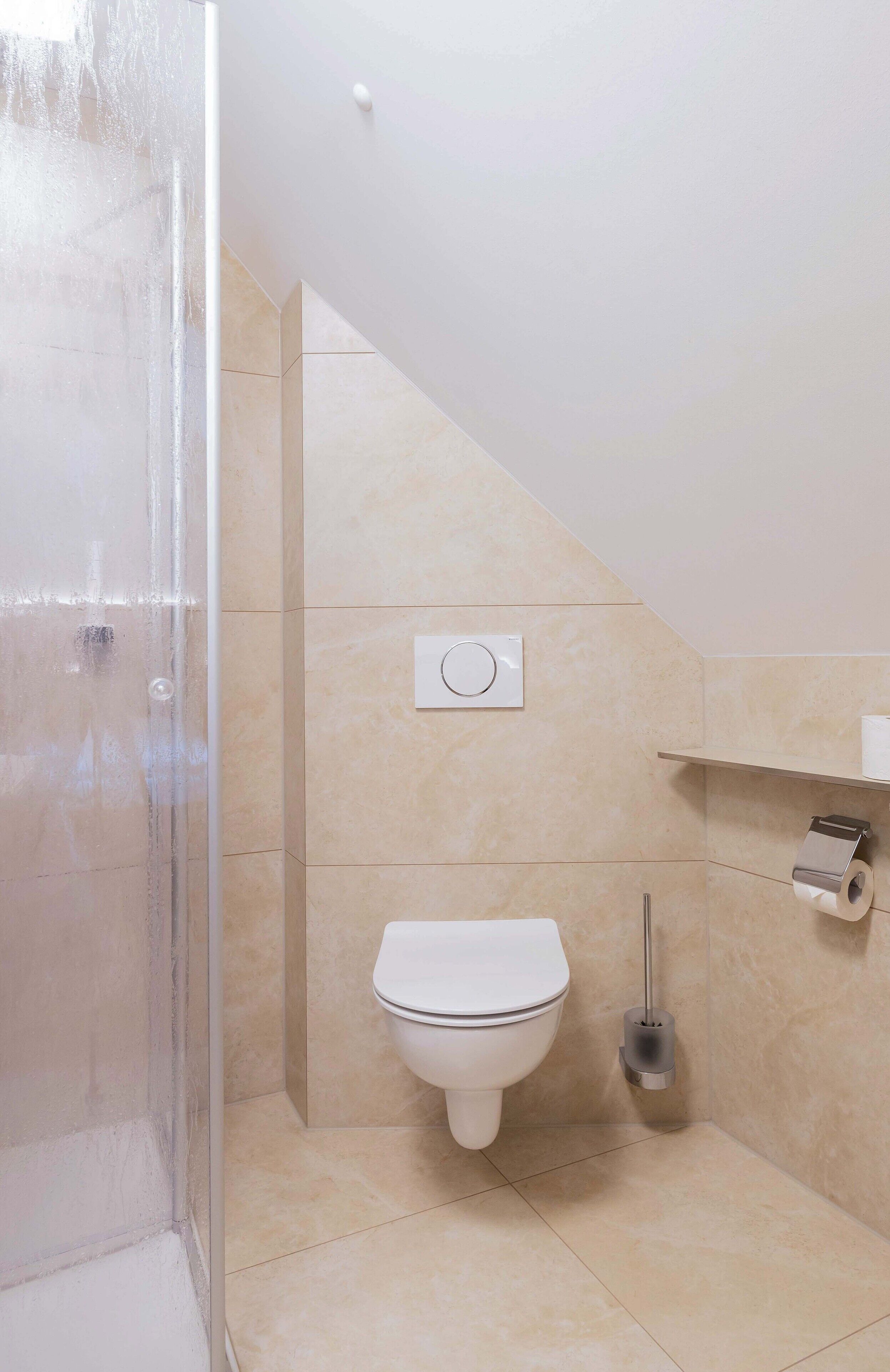 shower, rainfall showerhead, hair dryer, towels