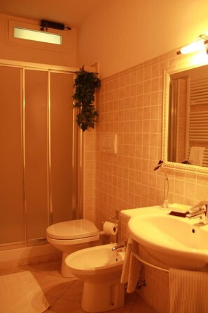 Shower, free toiletries, hair dryer, bidet