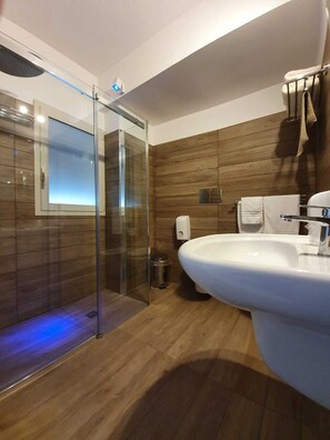 Elite kamer, 1 queensize bed | Badkamer | Een douche, een haardroger, een bidet, handdoeken