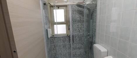 Un baño pequeño con ducha, inodoro y lavamanos.