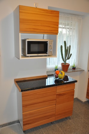 Una cocina compacta con microondas, armarios de madera, una encimera con frutero y un cactus en maceta junto a la ventana.