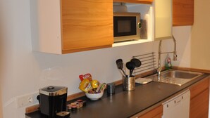 A compact kitchen with wooden cabinets, a microwave, a sink, and a compact dishwasher. - Appartment Graz Zentrum (Graz)