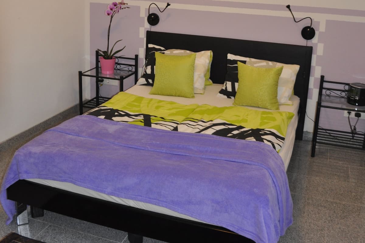 A neatly arranged bedroom with a bed, a bedside table, a nightstand, a wall-mounted lamp, a framed picture, and a small potted plant.