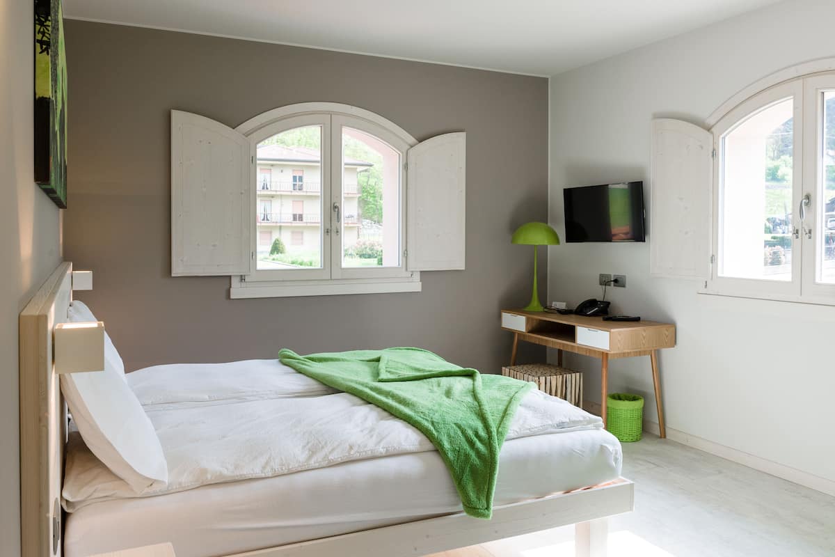 Une chambre à coucher avec un lit, un bureau, une télévision et deux fenêtres.