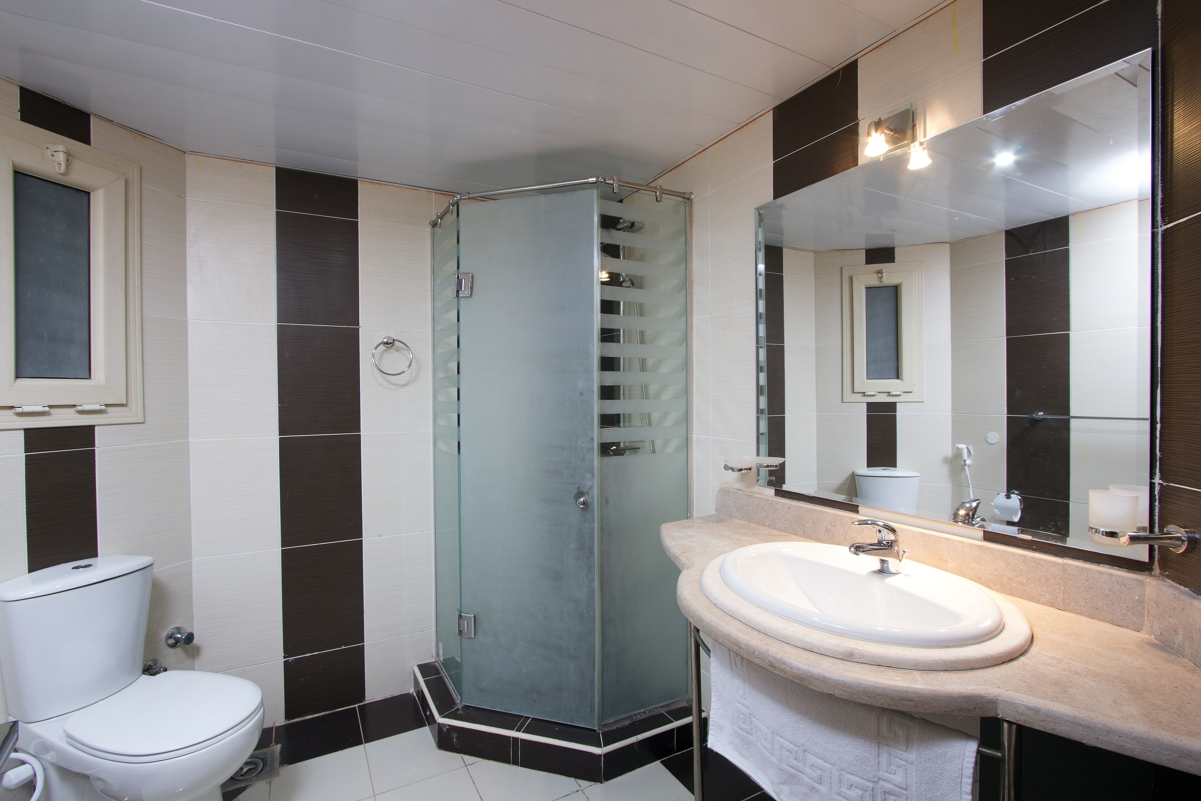 Ein Badezimmer mit Duschkabine, Waschbecken in Weiß und Toilette.