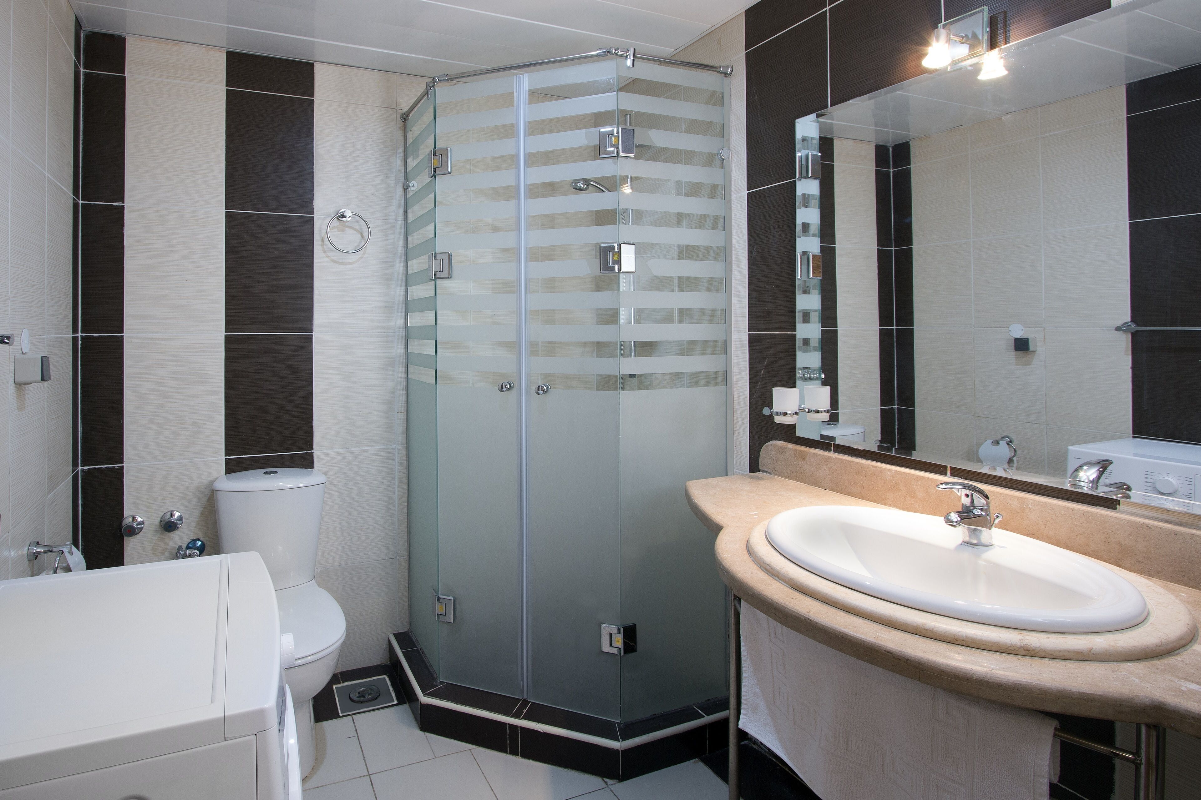 A modern bathroom with a glass shower enclosure, a white sink, and a toilet.