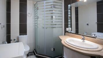 A modern bathroom with a glass shower enclosure, a white sink, and a toilet.