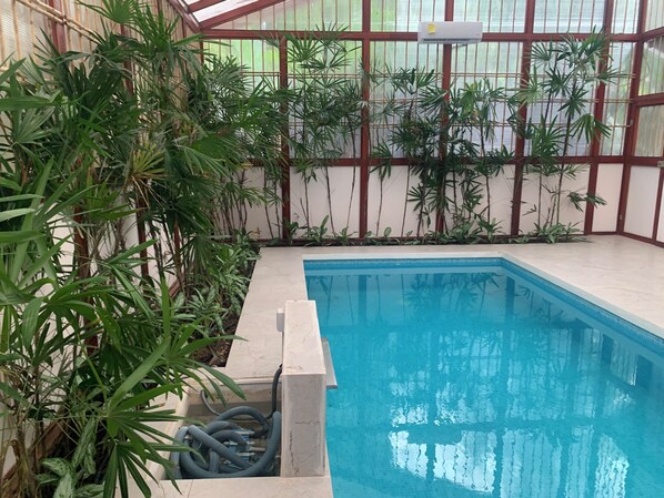 An indoor swimming pool surrounded by lush green plants, with a glass ceiling and a visible air conditioning unit. - Uva Blue Villas (Cahuita)