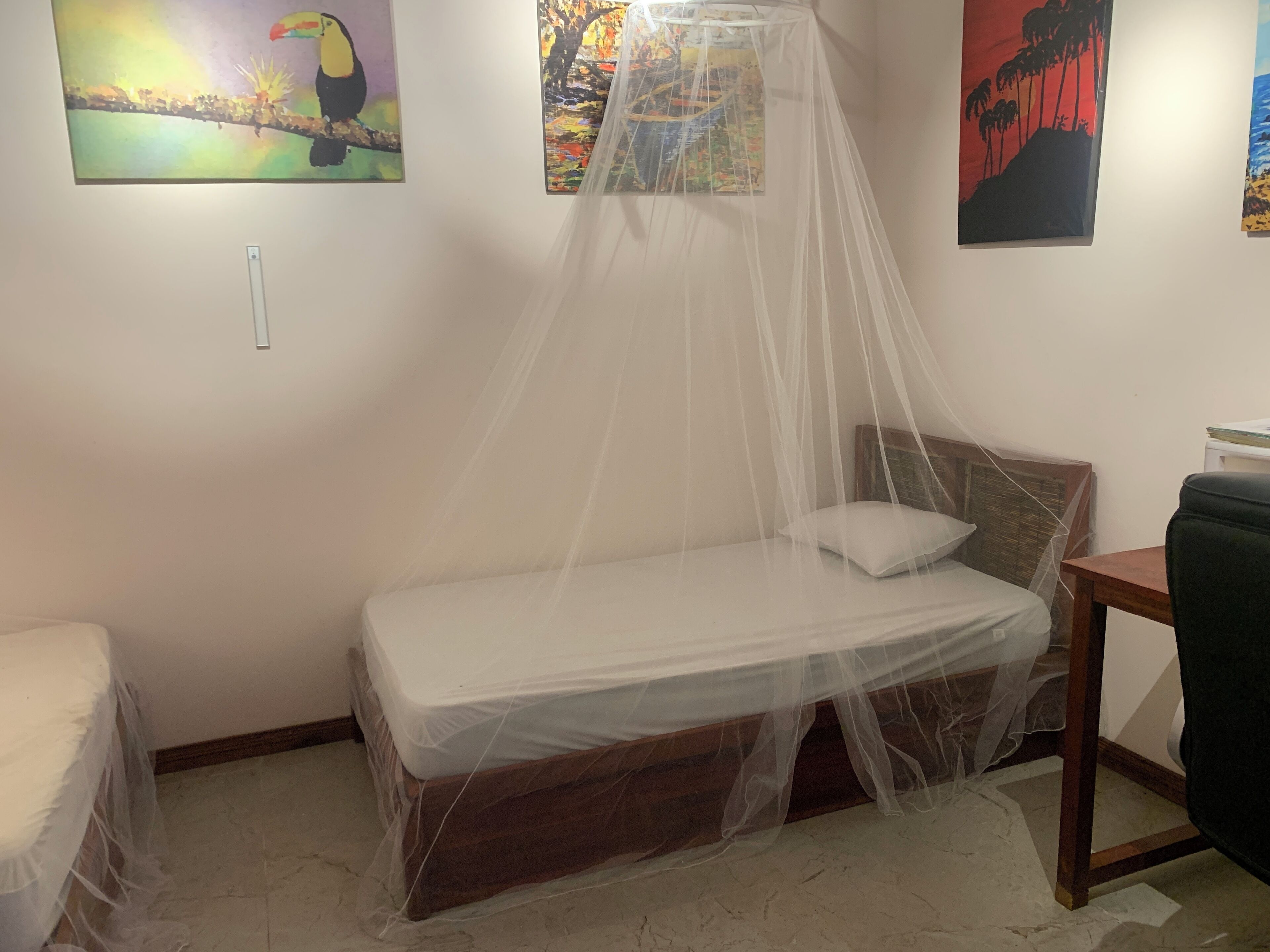 A bedroom with a wooden bed covered by a mosquito net, a wooden nightstand, and a chair. There are three paintings on the wall.