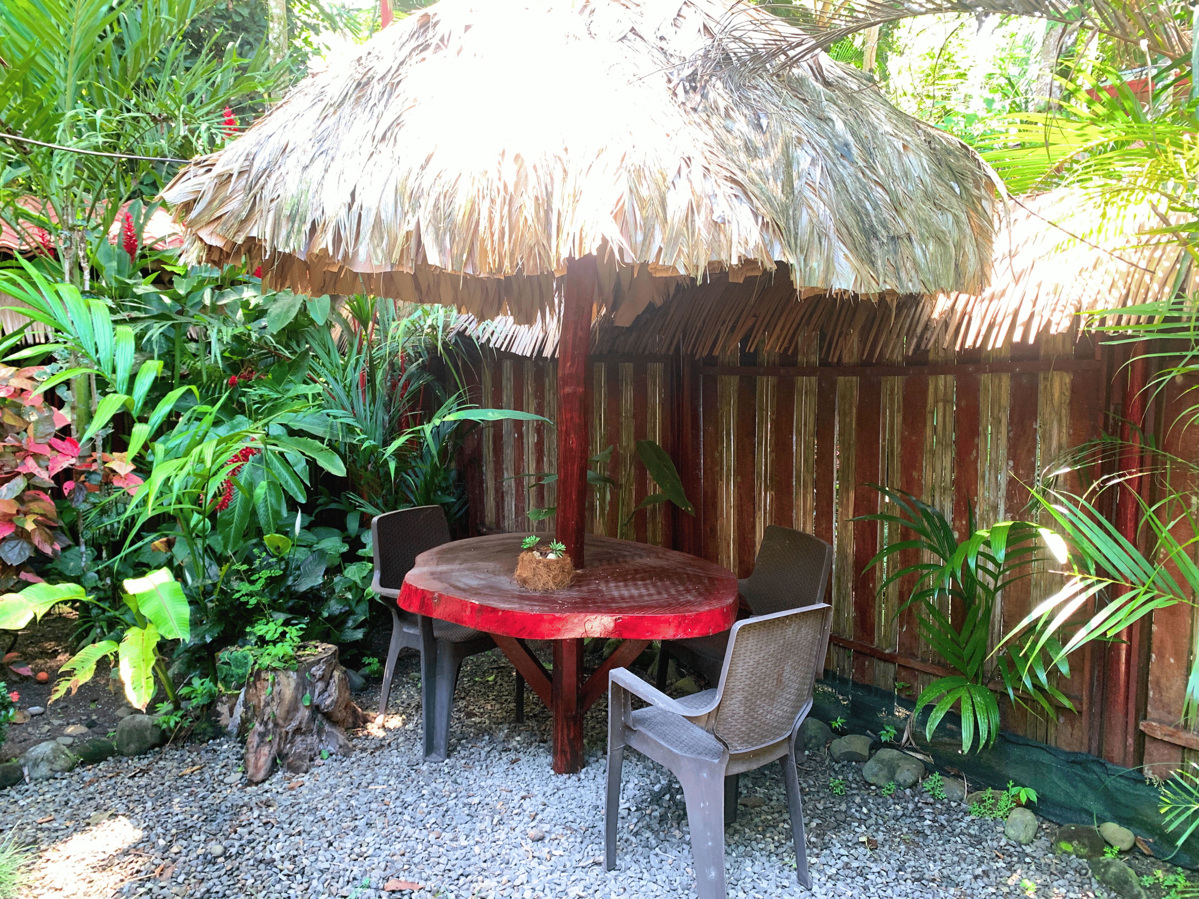 A round table with a red top, surrounded by two chairs, under a thatched umbrella, set in a garden with a wooden fence and various plants.