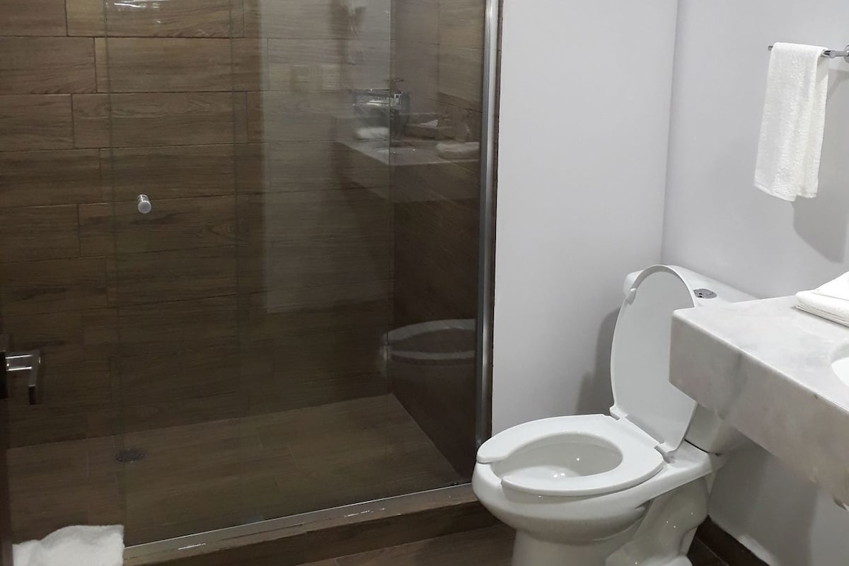 A bathroom with a glass-enclosed shower, a white toilet, and a wooden floor.