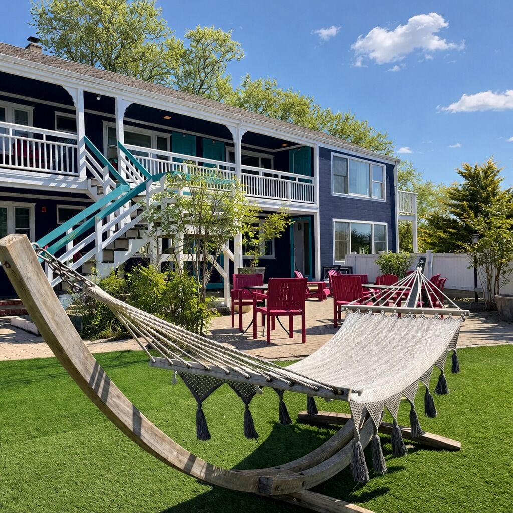 A two-story building with a balcony, outdoor seating area, and a hammock.