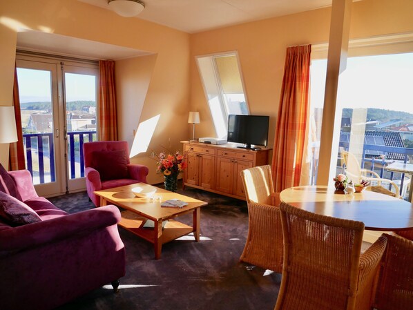 デラックス アパートメント 1 ベッドルーム バルコニー (20) | リビングルーム | 薄型テレビ、DVD プレーヤー