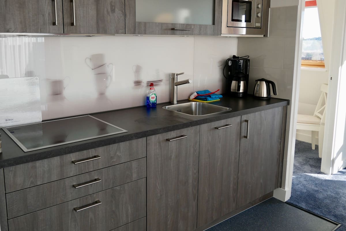 Frigorífico grande, microondas, placa de cocina y lavavajillas