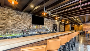 A bar area with a long counter, multiple bar stools, a television mounted on the wall, and a variety of bottles and glasses on the counter.