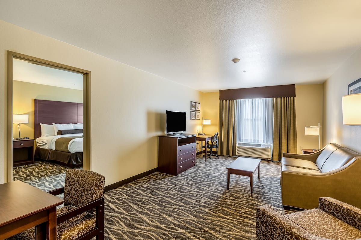 Een hotelkamer met een bed, een bureau, een televisie, een bank en een bijzettafeltje.