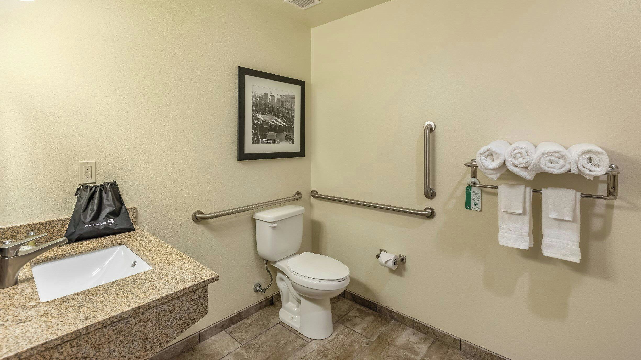 A bathroom with a toilet, handrails, a sink, a hair dryer bag, and a towel rack with towels.