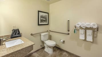 A bathroom with a toilet, handrails, a sink, a hair dryer bag, and a towel rack with towels.