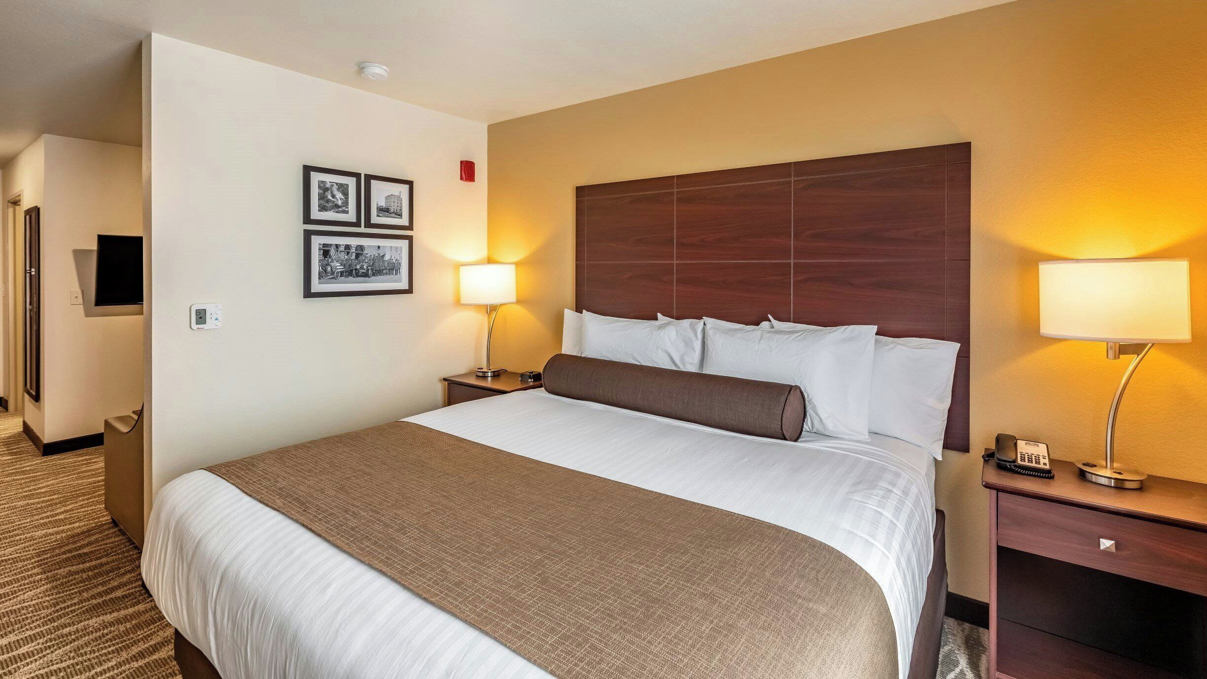Una habitación de hotel con una cama grande, dos mesitas de noche, un televisor y cuadros en la pared.