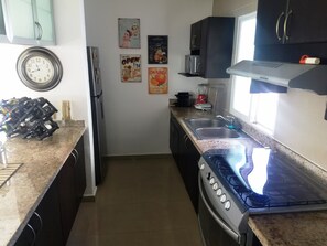 Family Penthouse, 3 Bedrooms, Jetted Tub, Pool View | Private kitchen | Full-size fridge, microwave, oven, stovetop