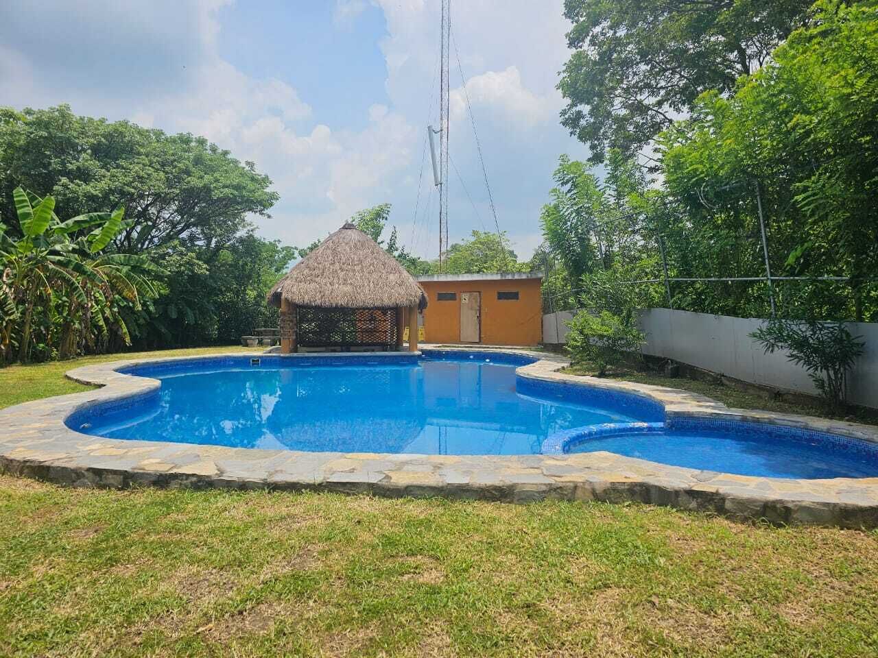 Ein Swimmingpool mit einer strohgedeckten Struktur, umgeben von viel Grün und blauem Himmel.