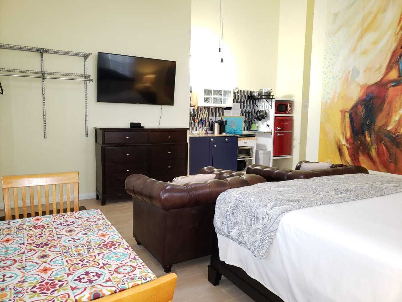 A bedroom with a bed, a sofa, a TV, a desk with kitchen appliances, and a painting on the wall.
