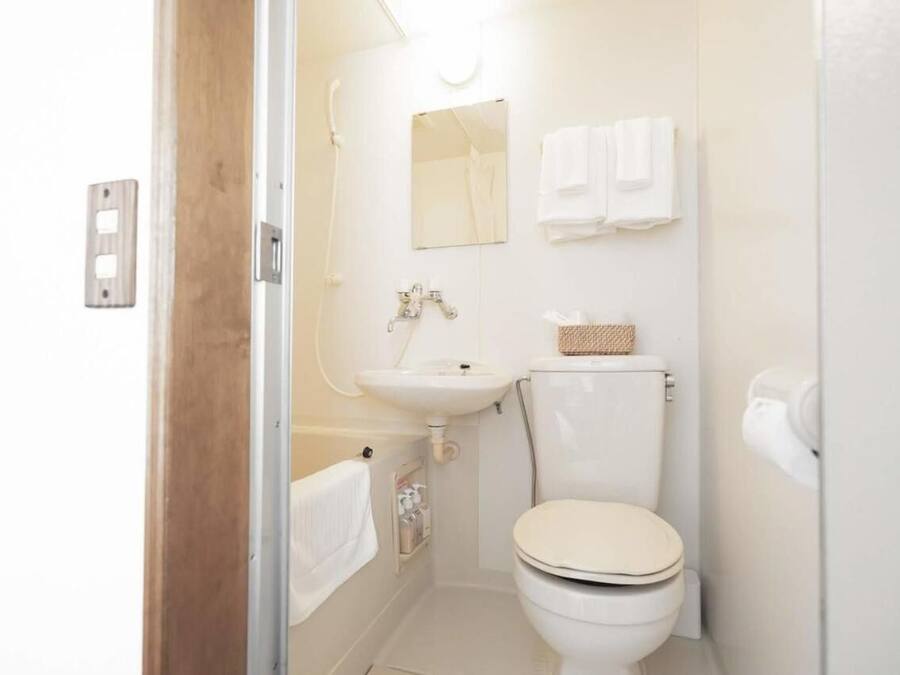Un baño pequeño con inodoro, lavabo y ducha.