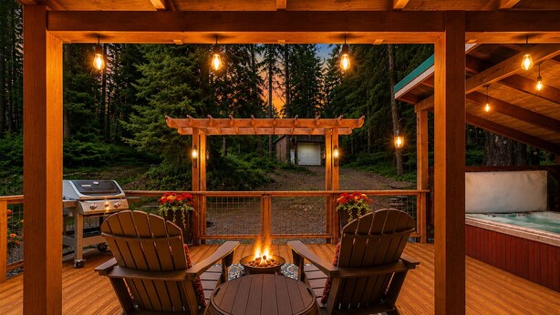 Eine Holzterrasse mit zwei Adirondack-Stühlen, einer Feuerstelle und einem Whirlpool.