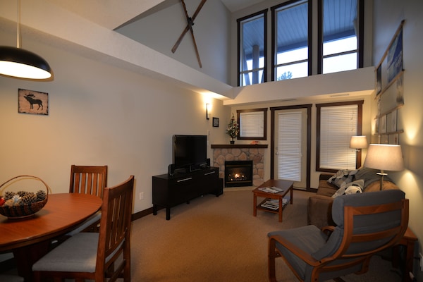 Smart TV, lareira, DVD player, livros