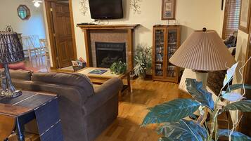 TV, fireplace, DVD player, books