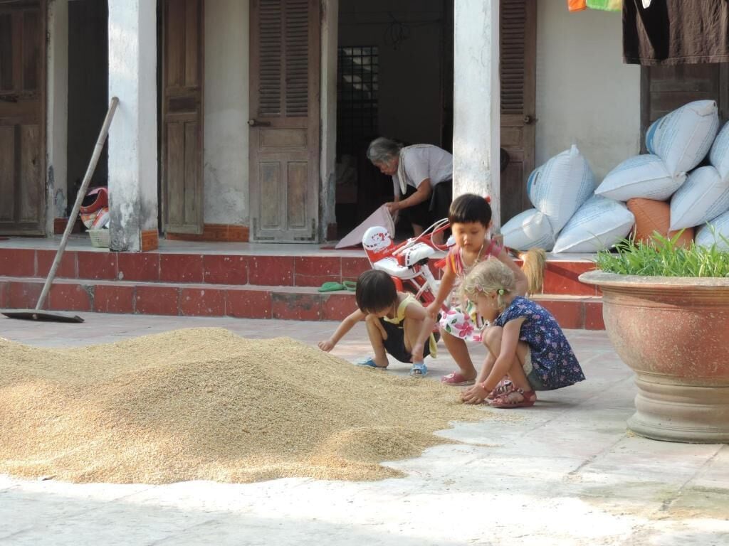 Children playing with grains on a porch with a large planter and bags of grains in the background.