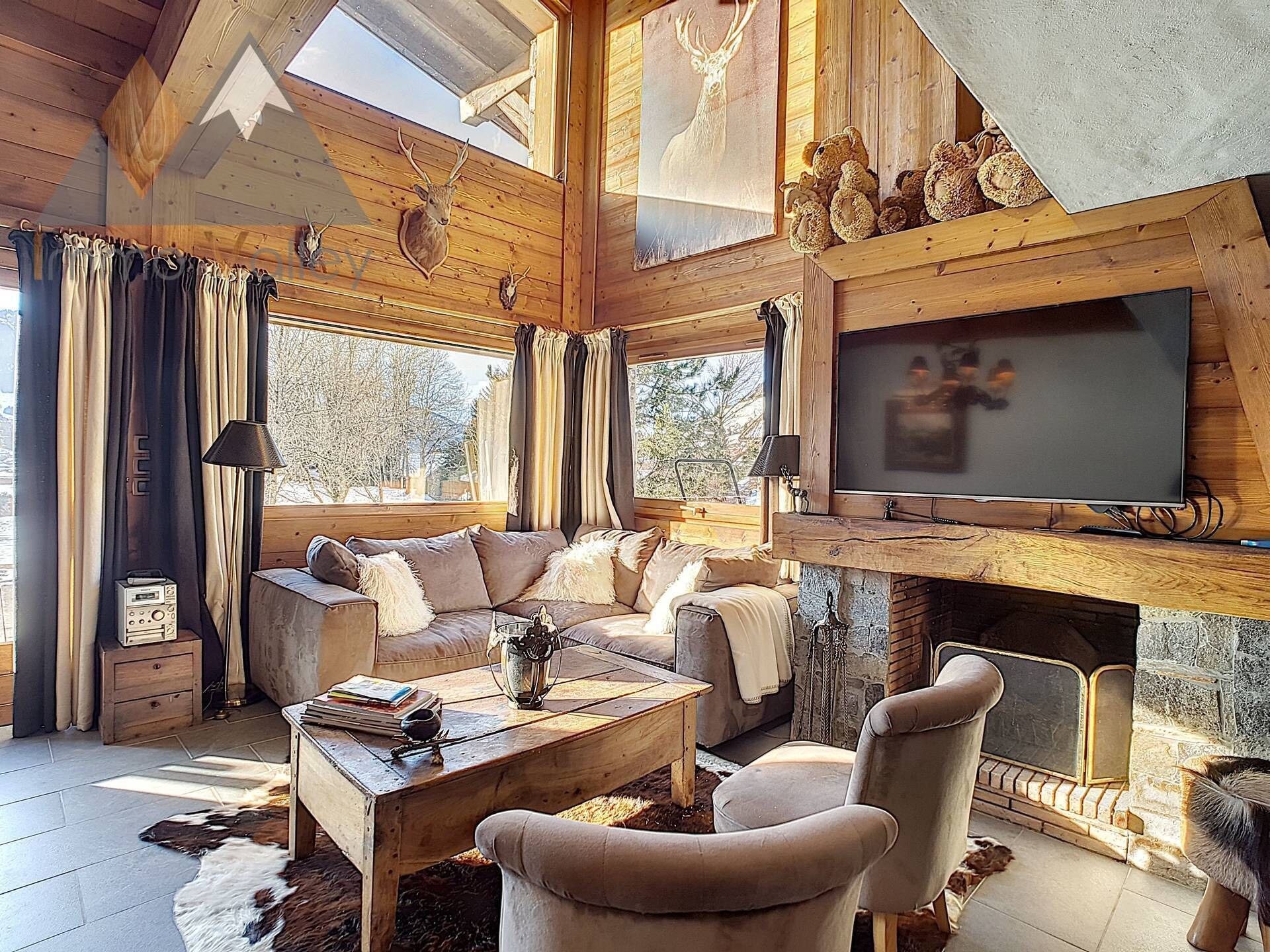 Télévision, cheminée, livres, chaîne hi-fi