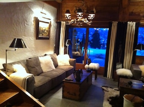 Télévision, cheminée, livres, chaîne hi-fi